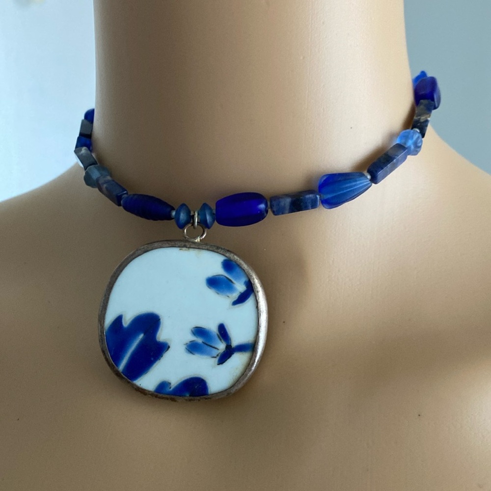 Cobalt Blue and White Necklace or Coil Wrap Bracelet